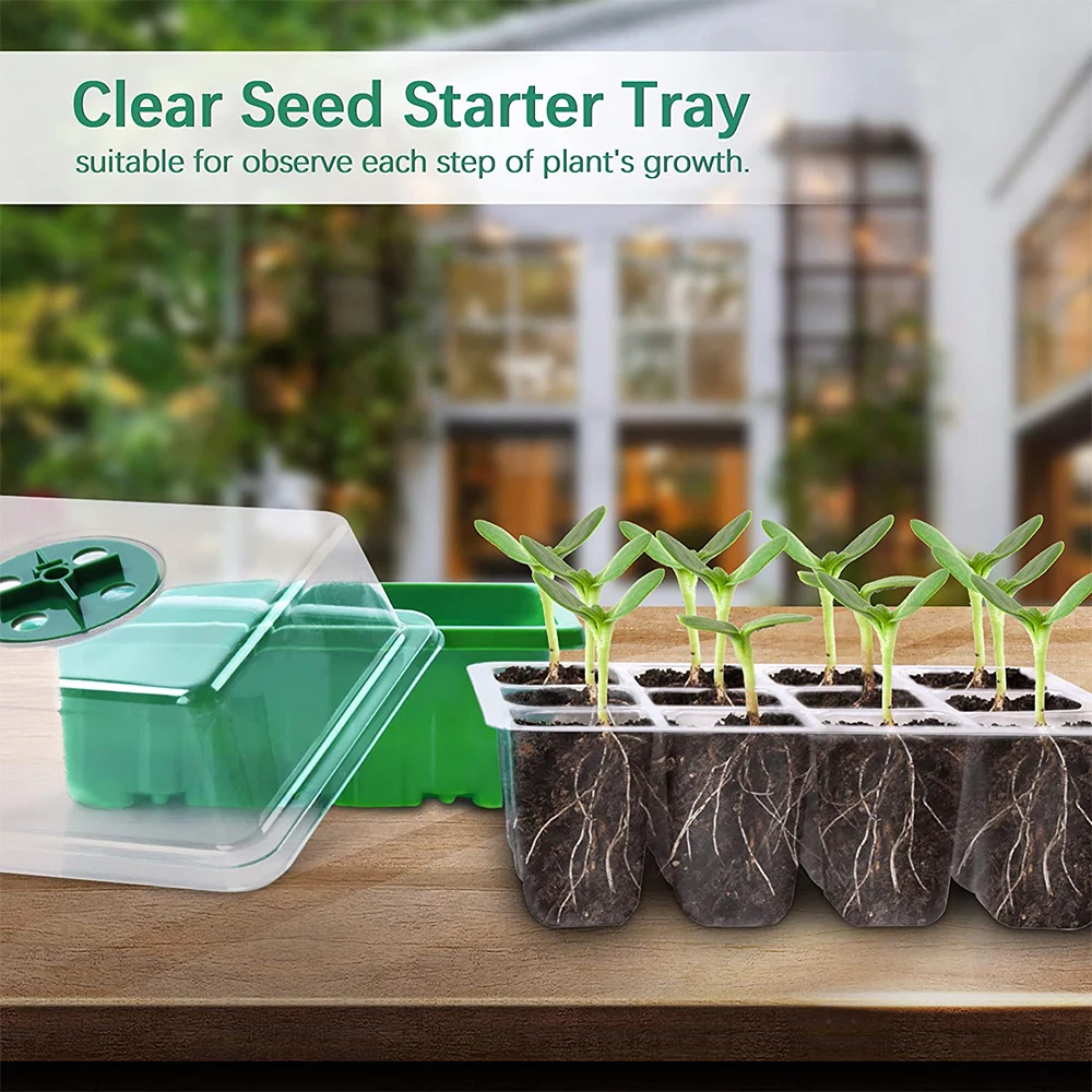 Reusable Seed Starter Trays with Grow Light Seedling Tray 5 Pack 60 Cells Humidity Adjustable Greenhouse Germination Kit