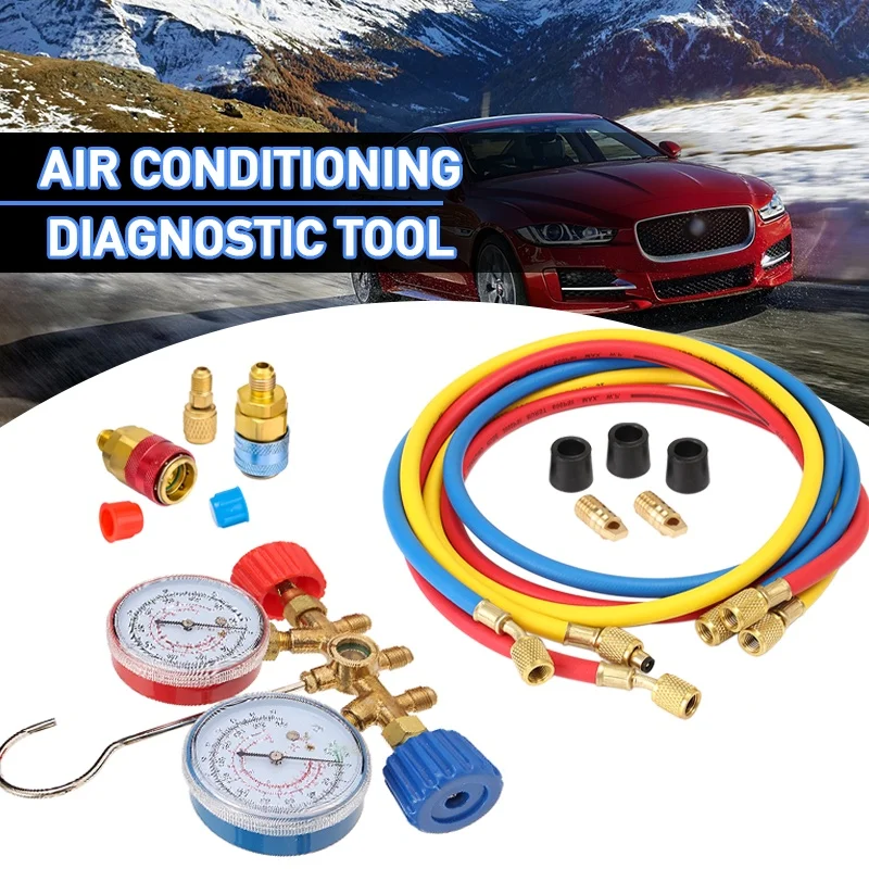 

Freon Refrigerant Diagnostic Manifold Gauge Set R12 R22 R134A R502 Air Conditioning Maintenance Tools with Hose and Hook