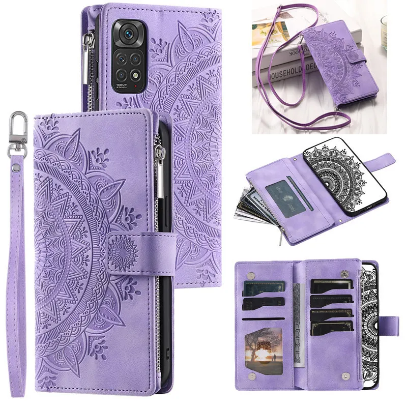 Leather Flip Phone Case with Long Lanyard and Zipper Wallet Card Holder
