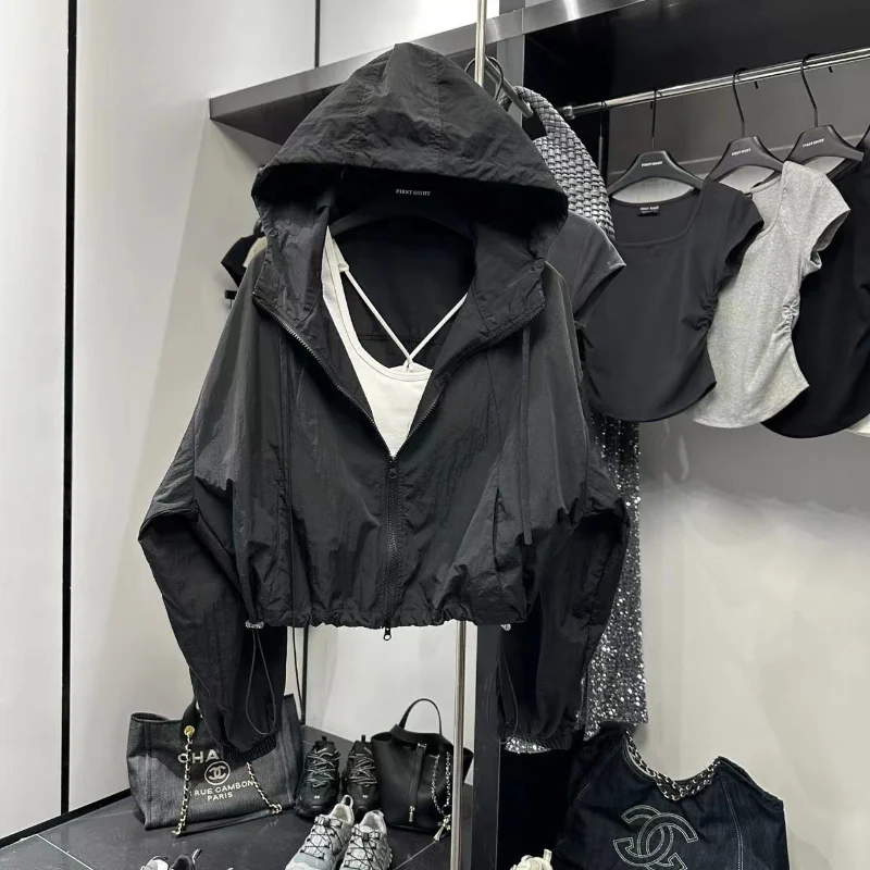 

HOUZHOU Black Korean Fashion Cropped Jacket Women Windbreaker Kpop Harajuku Gorpcore Jackets Gothic Streetwear Autumn Outdoor