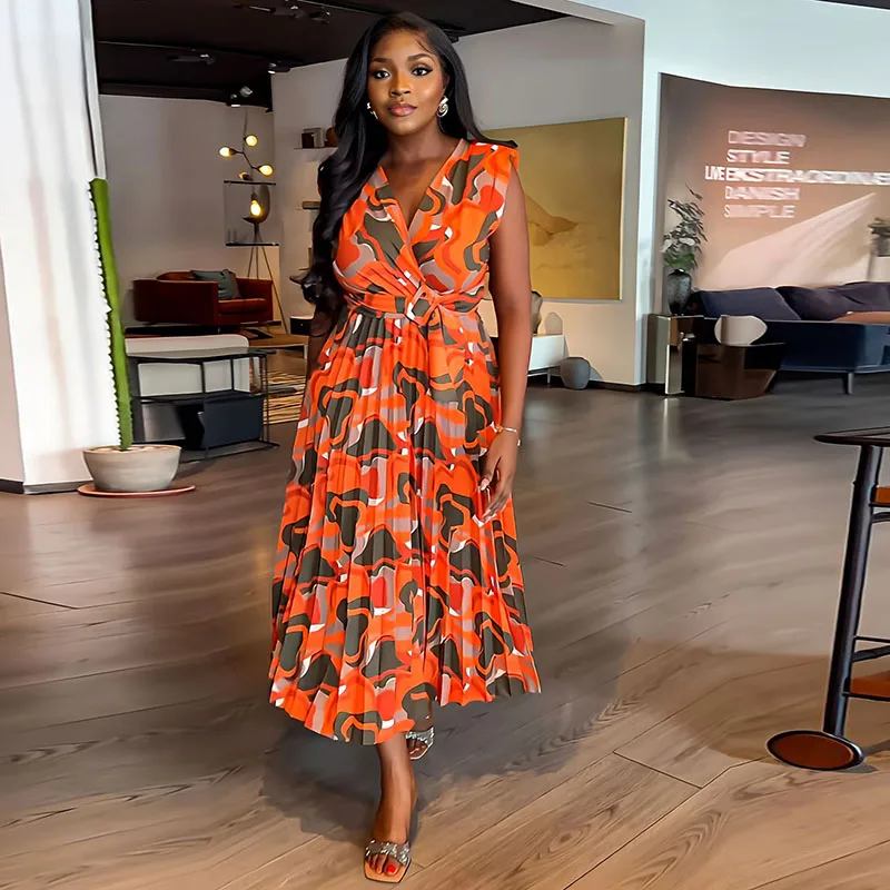 

Summer New Fashion Print Sleeveless Dress African Women V-neck Pleated Robe Party Long African Dresses for Women Africa Clothing