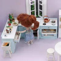 1:12 BJD DOLLHOUSE Mini Kitchen Decorations Model Furniture Corner Cabinet Blue Cooktop Cover Set OB11 Doll House Accessories 2