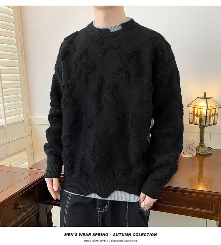 Autumn Winter Pullover Sweater Men Round Collar Loose Teenagers Knitwear Warm Solid Warm Soft Flower Star Print