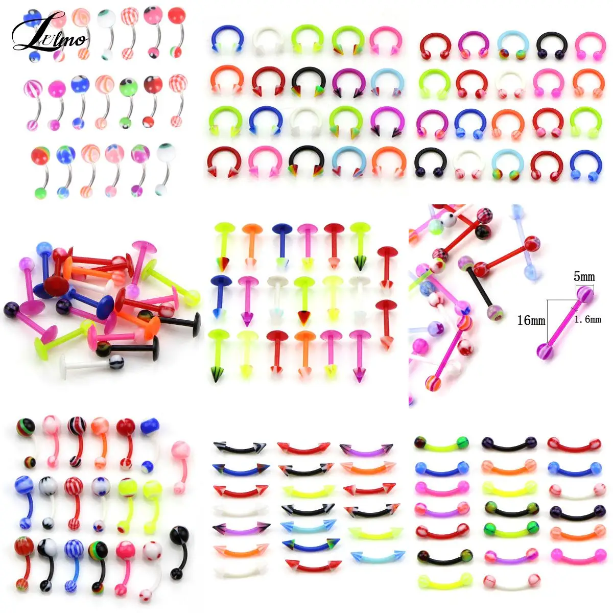 

10/20pcs Acrylic Colorful Nose Rings Lip Labret Piercing Barbell Tongue Ring Belly Ring Eyebrow Silicone Body Jewelry