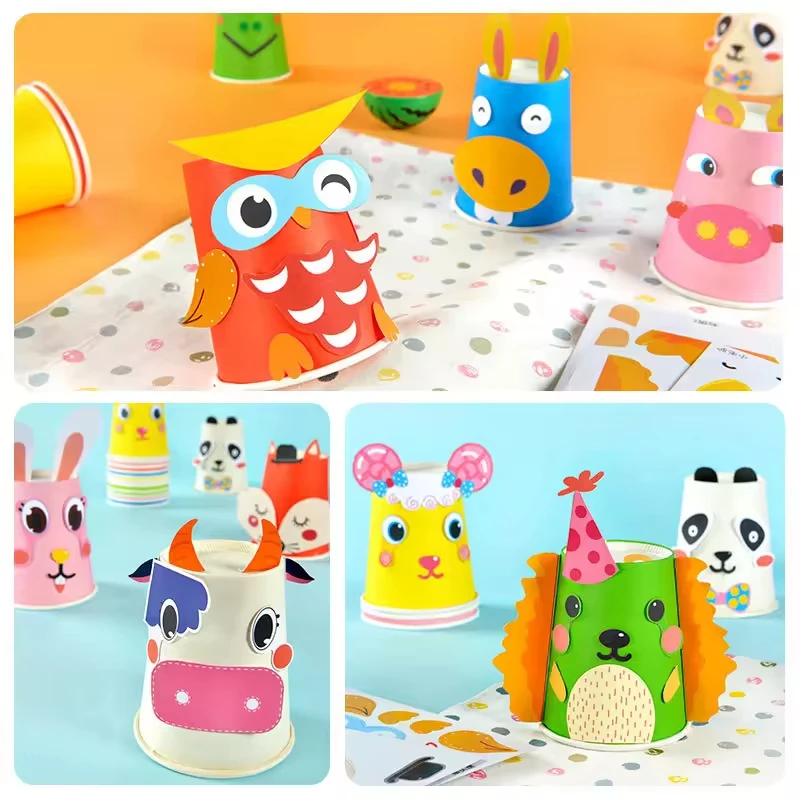 Creative DIY Handmade Paper Cups 12 Styles Set Children Sticker Colorful Funny Paper Cups Crafts Animal Paper Toy Cup With Tape