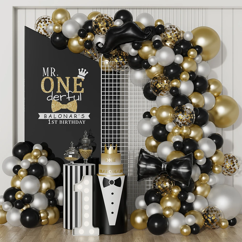 

137PCs Mr Onederful Birthday Balloon Garland Arch Black and Gold Balloons For Boys 1st Birthday Little Man Party Decor Backdrop