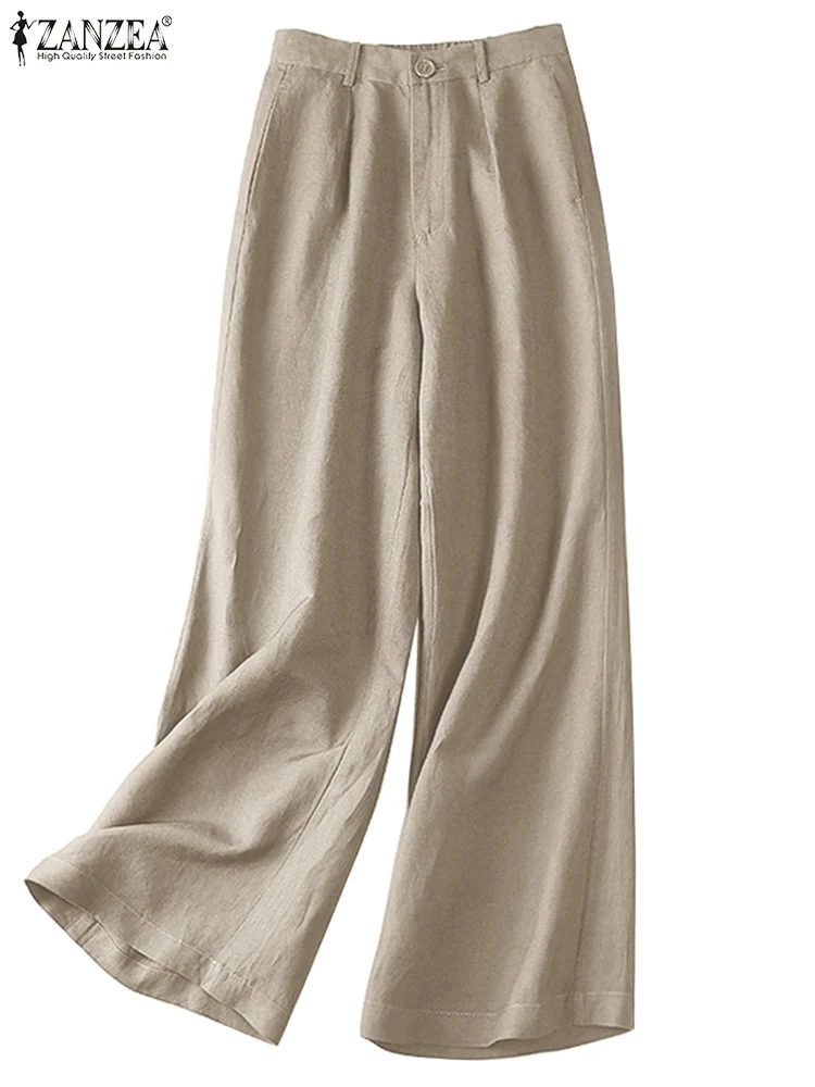 ZANZEA Women Vintage Cotton Loose Wide Leg Pants Office Ladies