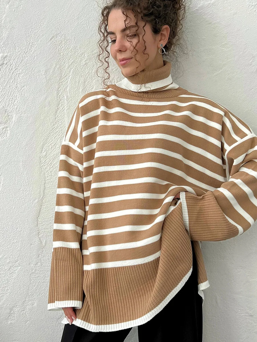 Bornladies  Autumn Winter Thick Women's Striped Oversized Sweater Warm Loose Knitted Turtleneck Sweater Casual Jumper Pullover
