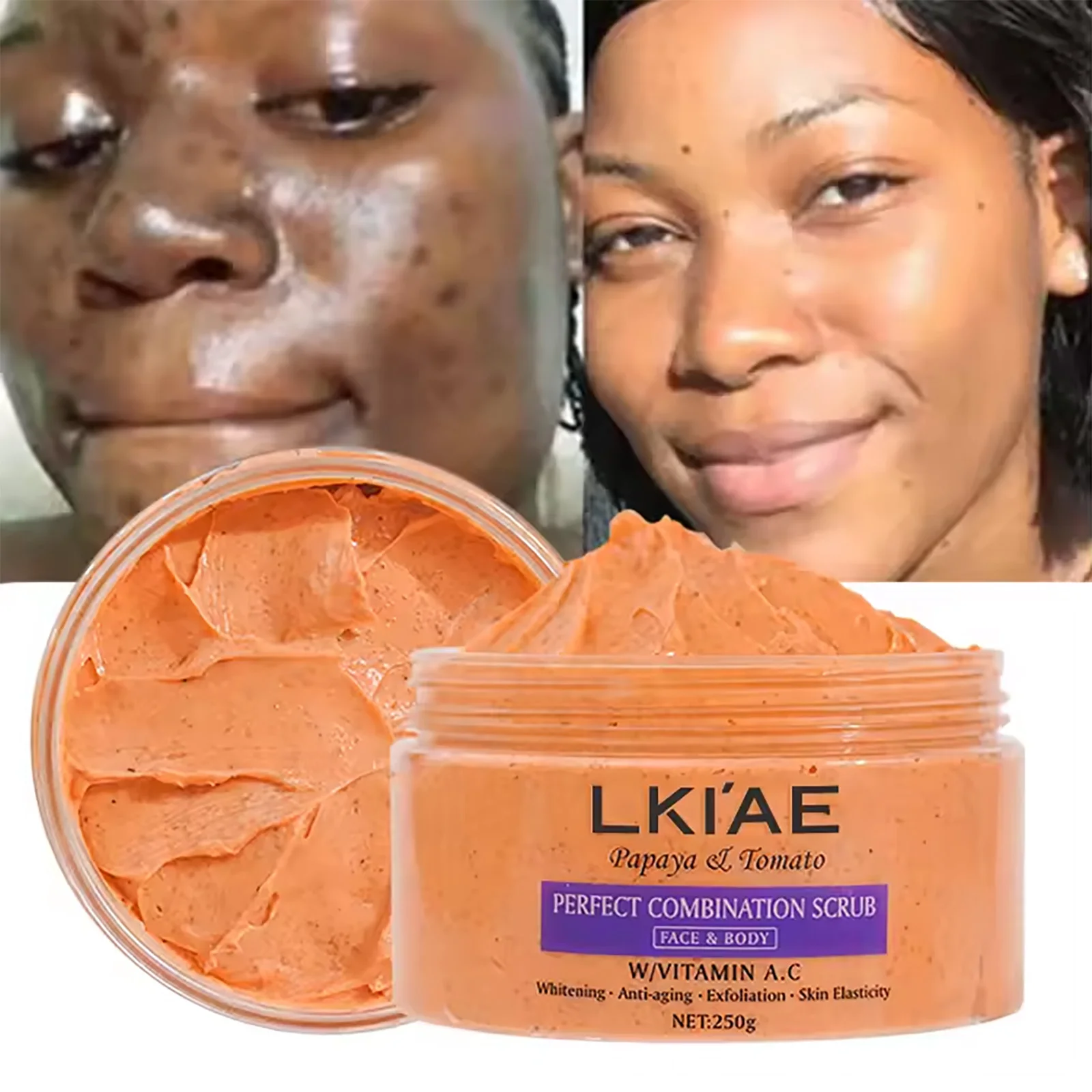 Papaya And Tomato Combination Scrub, Reduce Spots, Whitening, Exfoliating, Moisturizing, Smooth Skin, For Face And Body, 250g