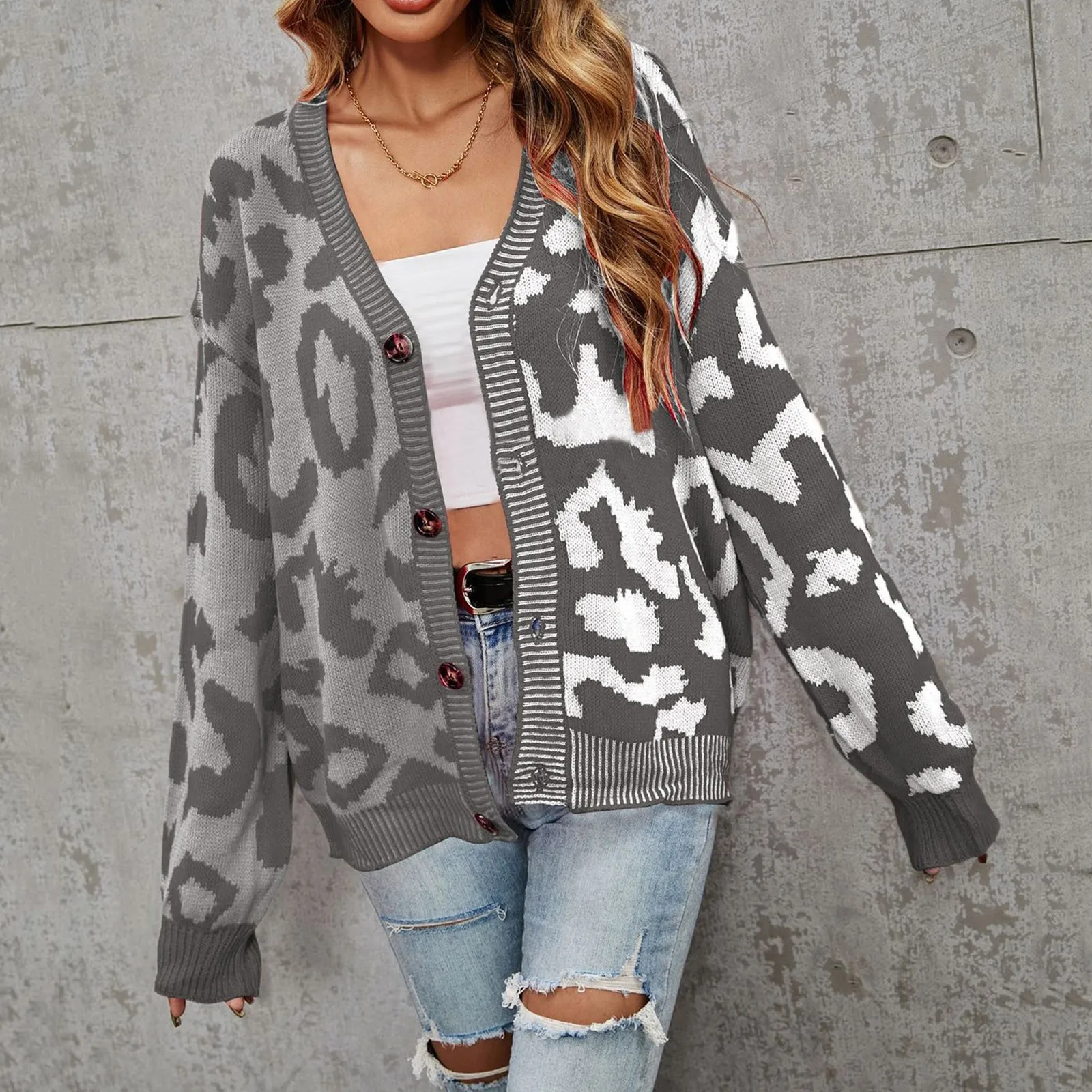 

Long Cardigans Womens Long Sleeve Button Cardigan Leopard Print Colorblock Casual V Neck Womens plus Size Cardigans