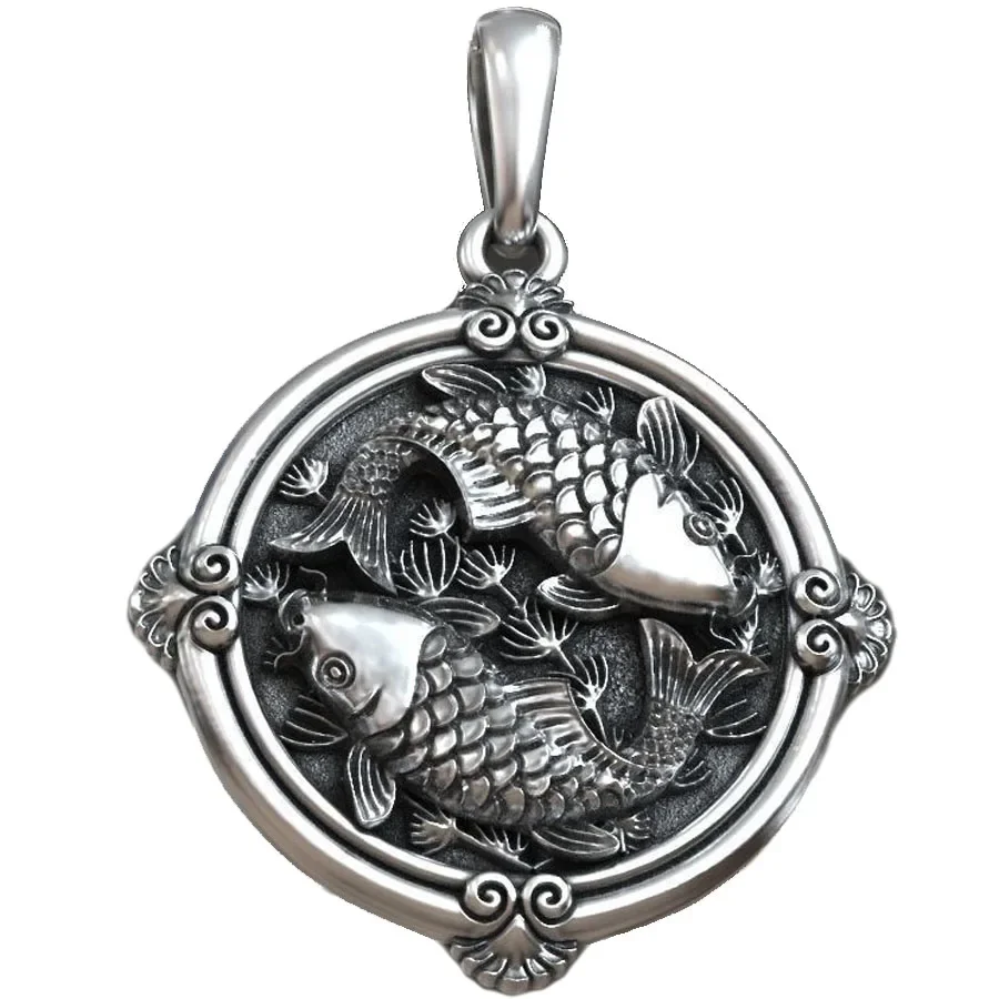 5g Art Relief Fishes Carp Koi Womens Round Small Gold Pendant  Customized 925 Solid Sterling Silver Pendants