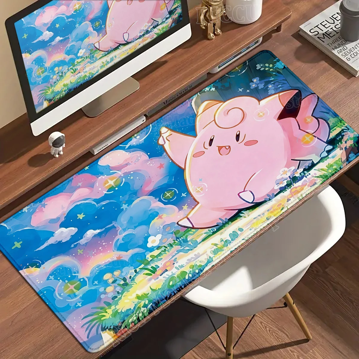 Kawaii Pink Anime Desk Mat with Clefairy & Jigglypuff Design