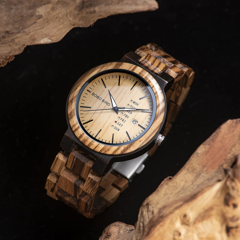 Wood Watch BOBO BIRD Men's Quartz Wristwatches Display Date Week Timepieces For Men Reloj Hombre Great Gift Custom Dropshipping