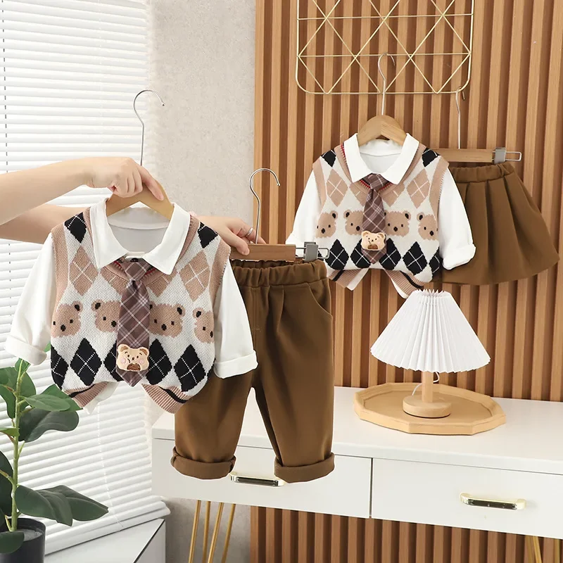 

Children Three-piece Set Baby Girls Set Skirts Vest Top Outfits Korean Boys Suit Twins Kids Brother and Sister Matching Clothing