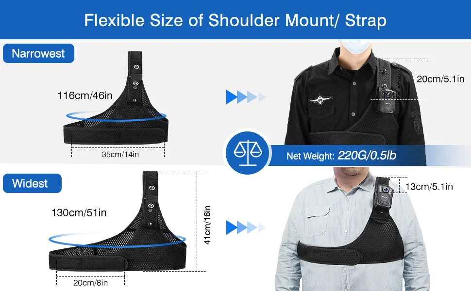 BOBLOV Body Camera Chest Vest, Durable Shoulder Single Vest for All Body Camera Support Max 130cm/4.3ft  Adjustable Chest Size 6