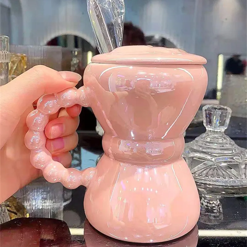

Корейская элегантная керамическая кружка с бантом и ложкой и ручкой, в стиле INS, кружка для молока, сока, чая, кофе, с перламутровым покрытием, роскошные подарки для девушек