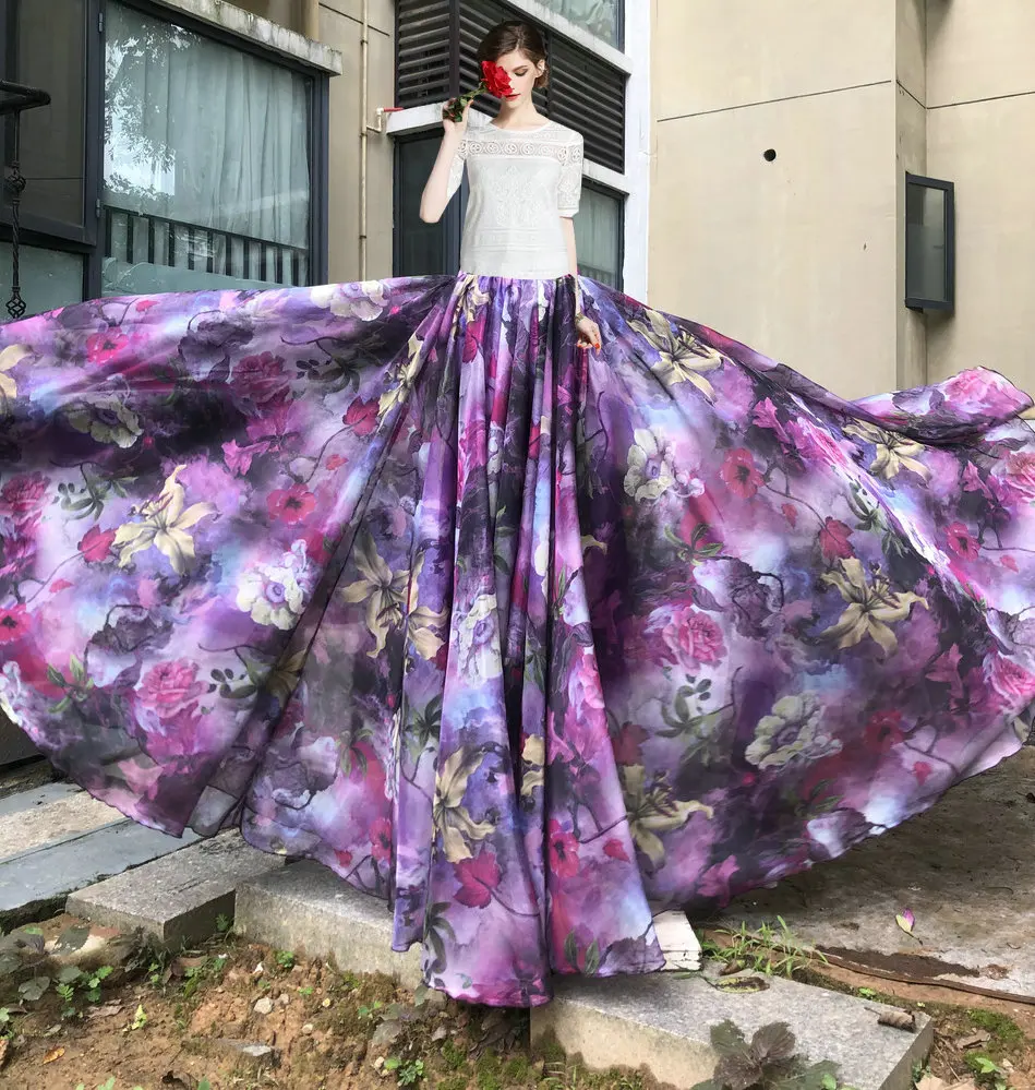 2024 Summer Floral Pattern Chiffon Women's Long Skirt