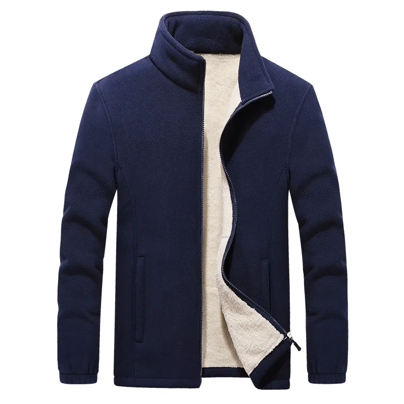 Autumn Winter Men's Fleece Jacket Plush Thickened Sport Cardigan Oversized Solid Color Standing Neck Zipper Casual Warm Jacket