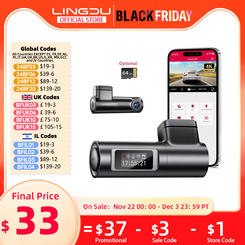 LINGDU 4K Dash Cam D500 Ultra HD Front Car Camera Built-in GPS Record Car DVR 24H Parking Monitor 150Â°FOV WIFI APP Voice Control