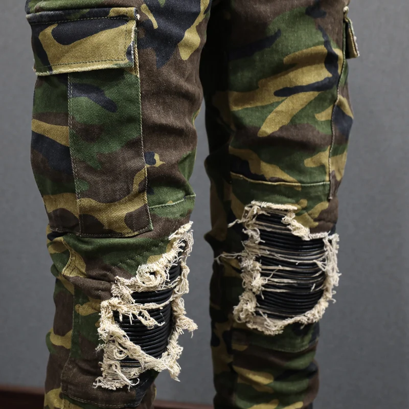 High Street Fashion Men Jeans Camouflage Stretch Slim Ripped Jeans Men Big Pocket Designer Leather Patched Hip Hop Brand Pants