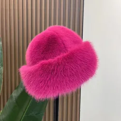 Luxurious Women's Fluffy Faux Fur Winter Hat - Stylish Thick Plush Bucket Cap (Rose Red)