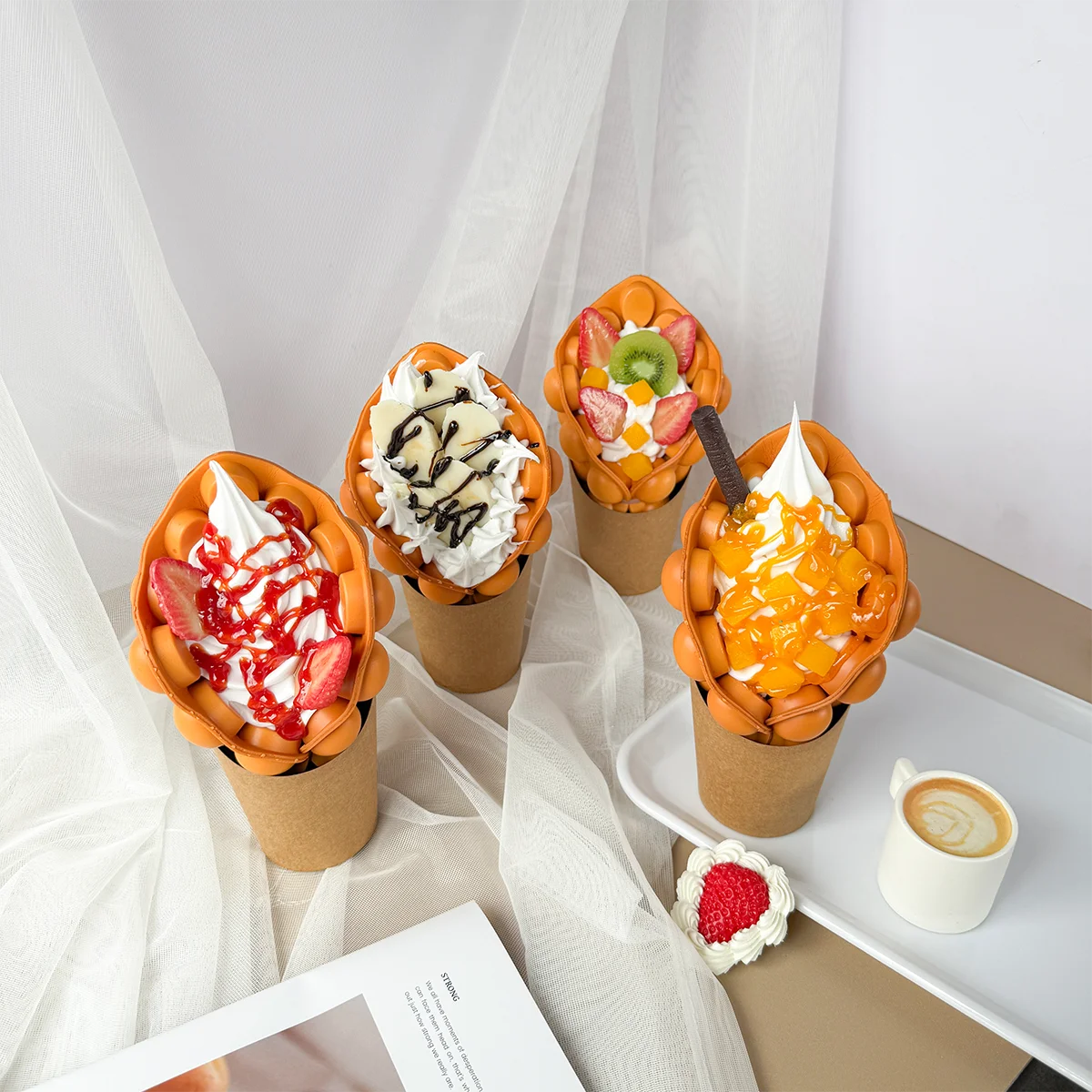 Fake Food Simulation Props Sample Display Egg Chocolate Bubble Waffle Porp Ice Cream Colorful Raspberry Lifelike Hongkong Lotus