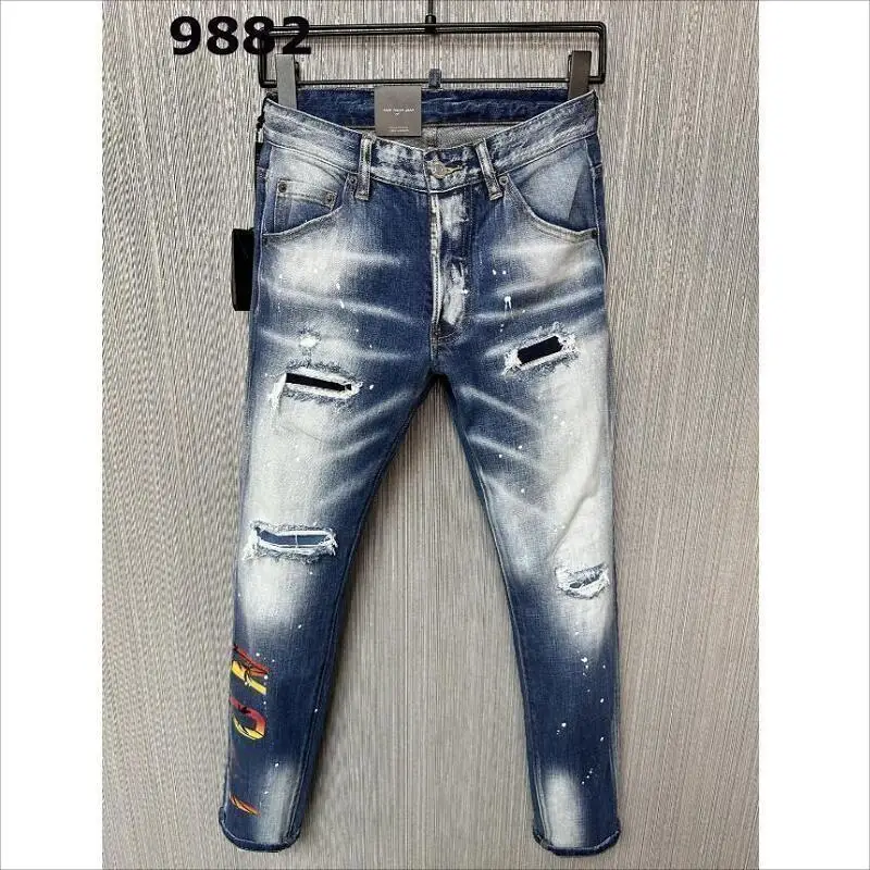 

Men's Trendy Casual Style Slim Jeans Fashion Letter Printing Hole Denim Pants 9882#