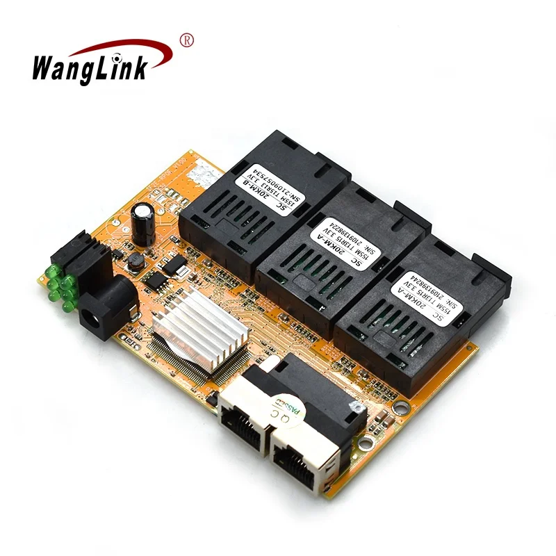 Wanglink 12V/24V 3F2E Passive POE Media Converter  PCB 10/100M 3 RJ45 2 SC Fiber Ethernet Switch