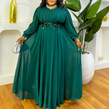 Abito da donna elegante in chiffon verde natalizio a pieghe con scollo a V maniche a sbuffo applicazioni floreali in vita matrimoni abiti da festa in chiesa