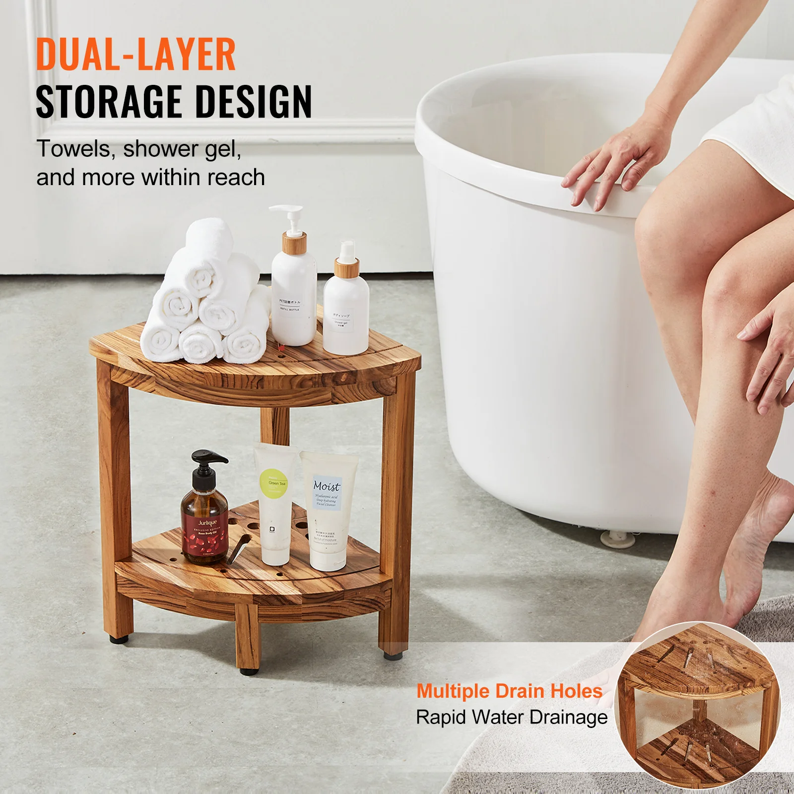 VEVOR Corner Teak Shower Bench 100% Teak Wood Corner Shower Beach Mold resistant Stool for Inside Outside Bathroom