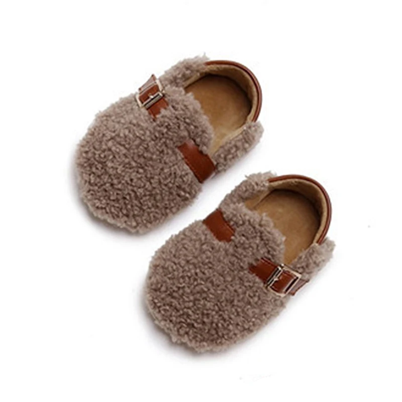 Baby Girl Cute Moccasinss Belt Buckle Soft Sole Fleece Plush Flats Shoes First Walkers Non-Slip Fall Winter Princess Shoes 0-18M
