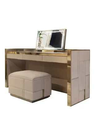 

Gold fashion stainless steel light luxury simple dressing table square soft bag makeup table with mirror marble
