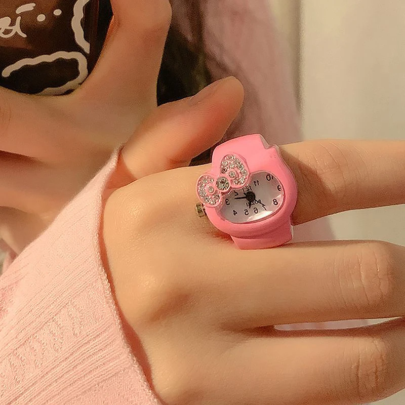 Sanurgente-Montre à quartz Hello Kitty pour filles, jolie bague, accessoires hip hop, bijoux fantaisie, cadeau pour enfants