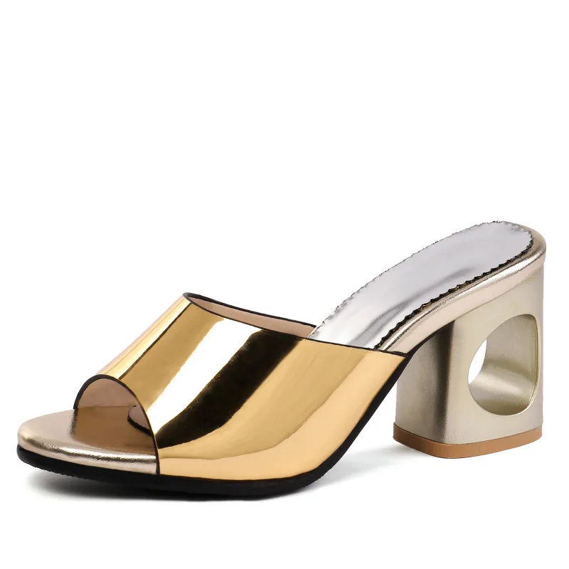 Summer Slippers Women Block High Heels Mules Shoes Fashion Luxury Gold Silver Slides Causal Sandals Ladies Large Size 45 48