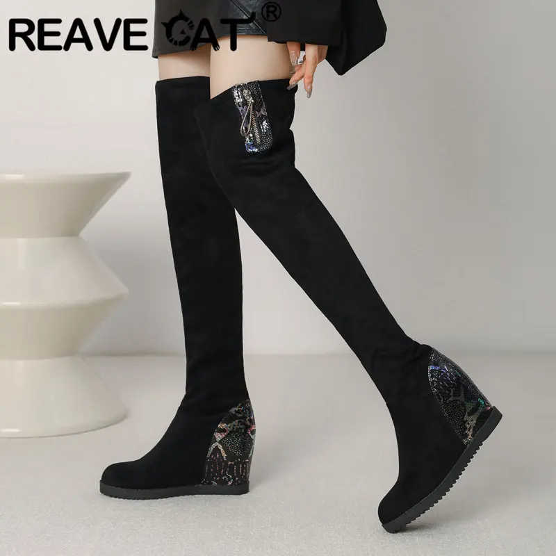 

REAVE CAT Fashion Thigh Boots for Women Round Toe Wedges 2cm Zipper Plus Size 42 43 Mixed Color Casula Daily Retro Long Booties