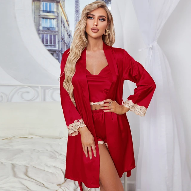 Womens Satin Robe Set for Sex Naughty Play Soft Comfy Nightgown with Robe 2  Piece Pajama Set Sexy Sleepwear Nightwear