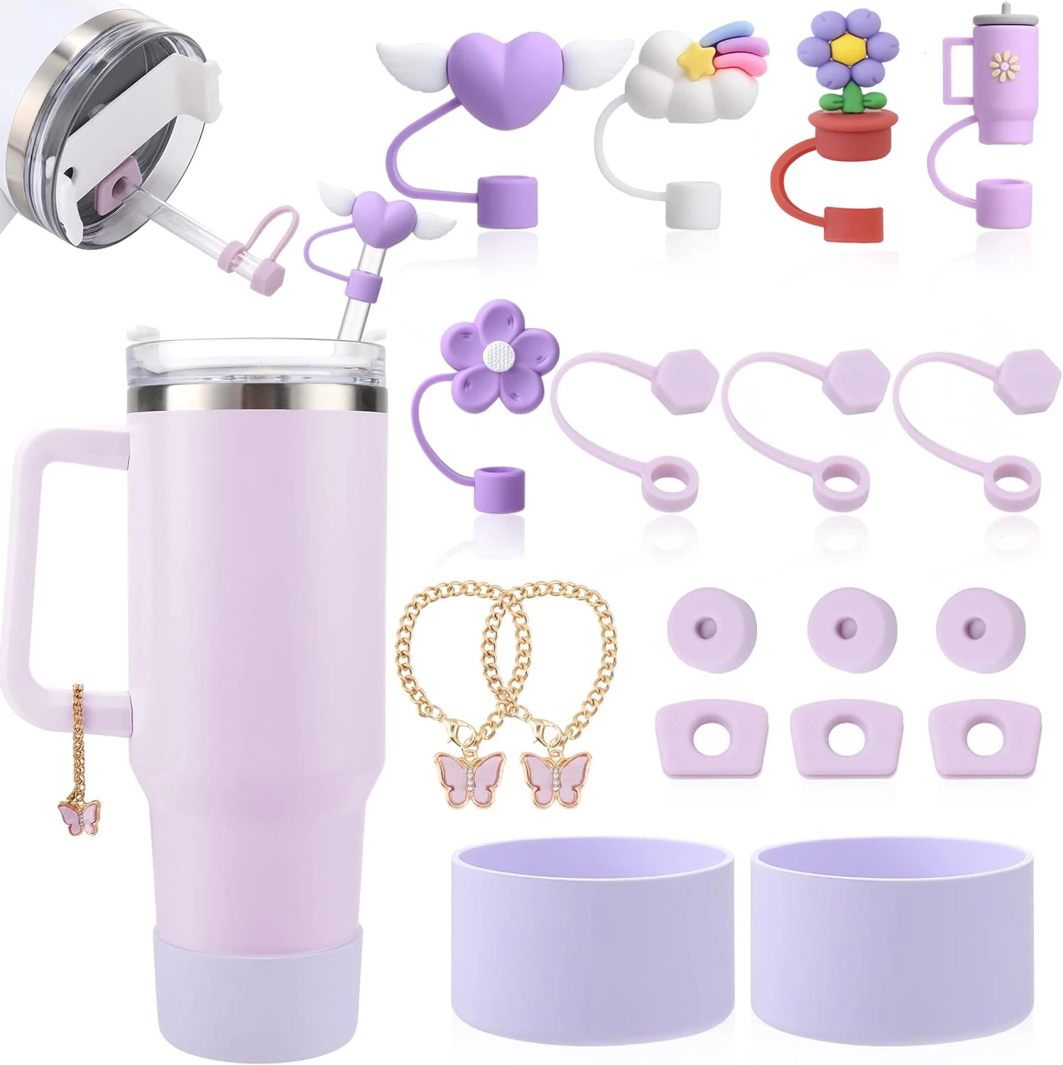 

18 Pcs Purple Cup Accessories for Stanley,9 Pc Silicone Spill Stopper,5 Pcs Straw Cover Cap,2 Pc Charms and Bottom Protector