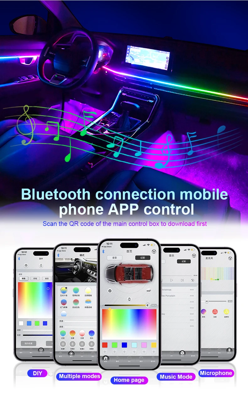 18/22 in 1 Auto Versteckte Umgebungslicht Hintergrundbeleuchtung Dual Zone RGB Symphony Acrylstreifen Mattschwarz Innenraum Auto Umgebungslampe APP 12V – Detail 7