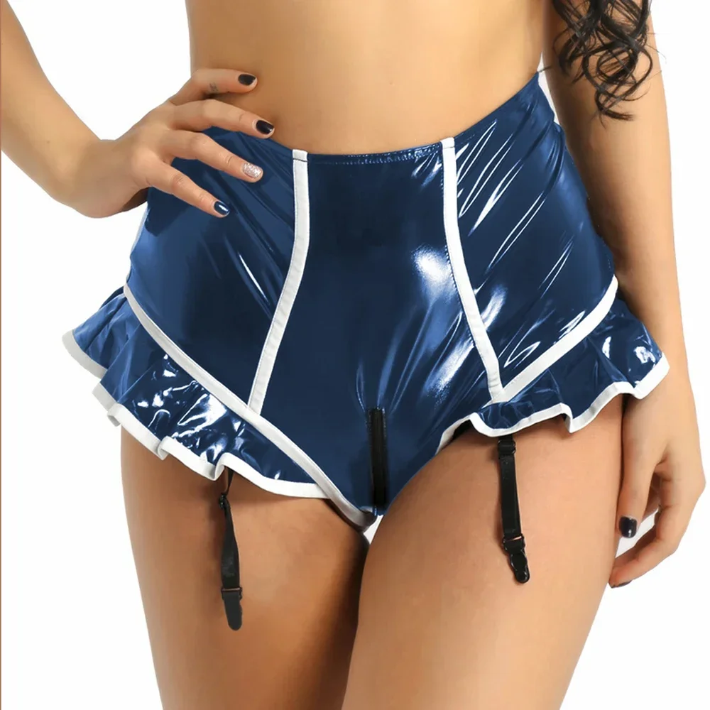 Wet Look PVC Leather Ruffle Shorts Women Faux Leather Hot Pants Tight Casual High Waist Summer Lingerie Sexy Clubwear Party 7XL