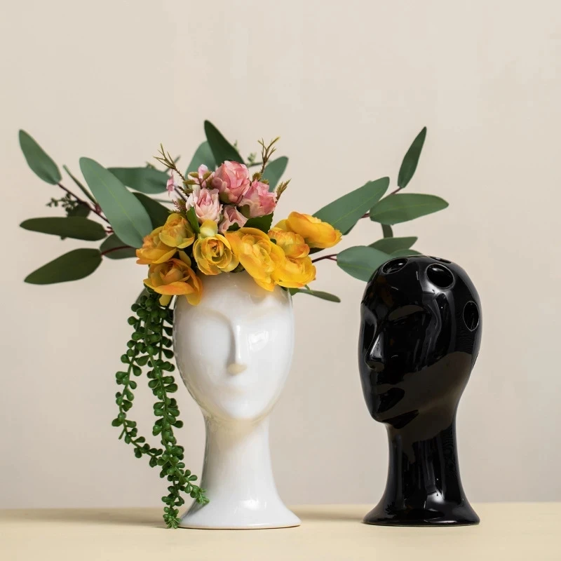 

NIFLHEIM Ceramic Creative Porous Head Flower Arrangement Figurines Human Face Decor Vase Home Living Room Desktop Accessories