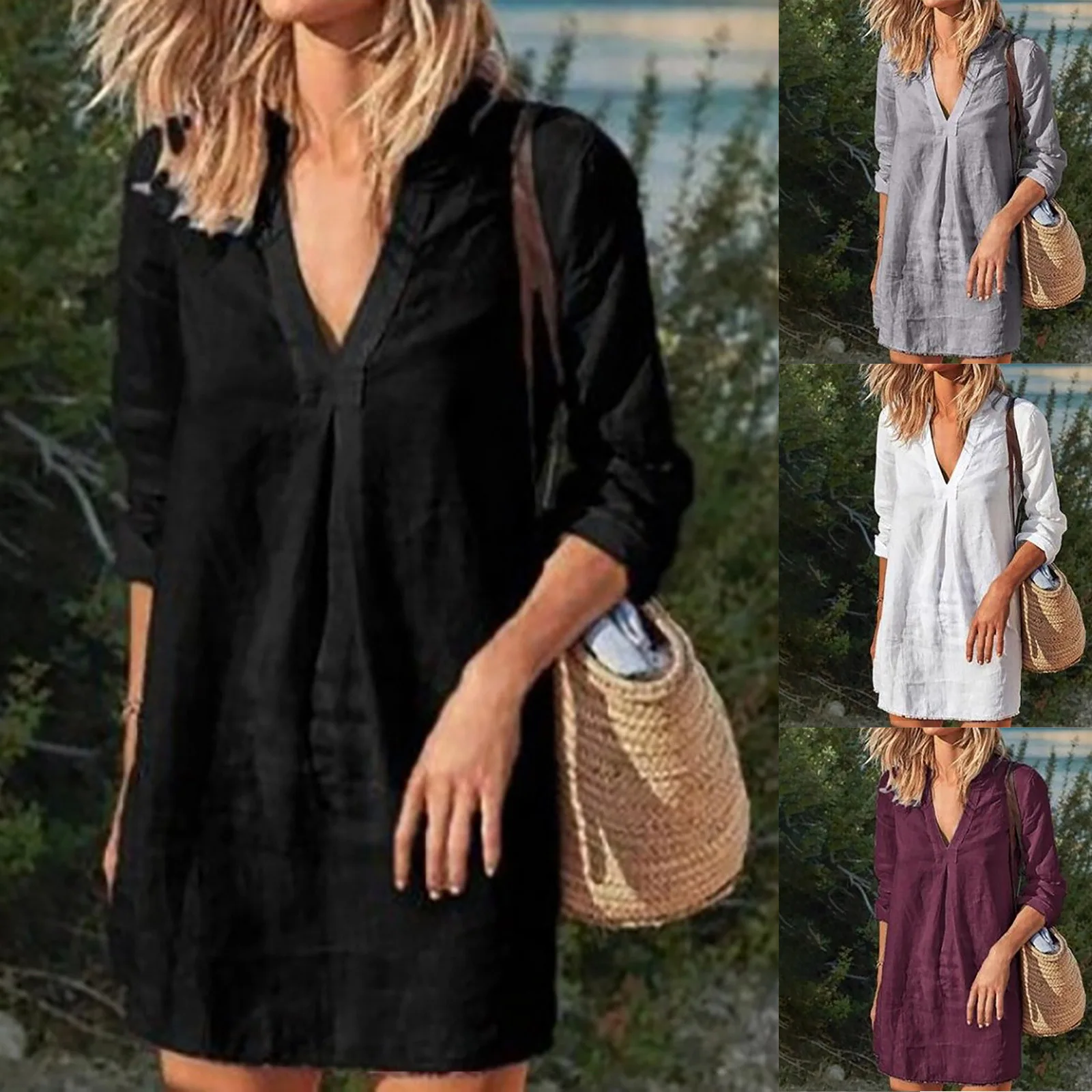 Women Summer V Neck Long Sleeve Blouse Dress