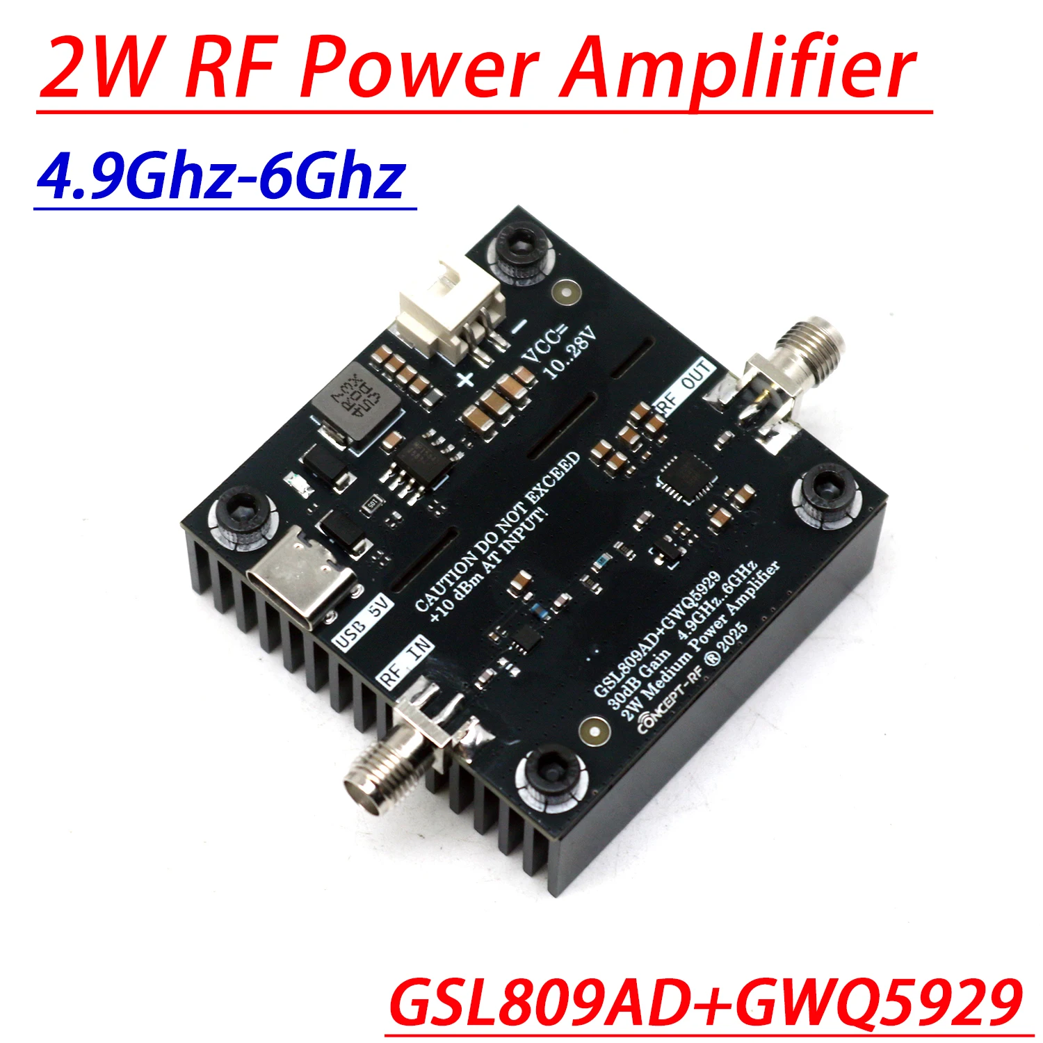 Vue de face de l'amplificateur RF 4.9-6GHz 2W 30dB, connecteurs SMA, étiquette produit.