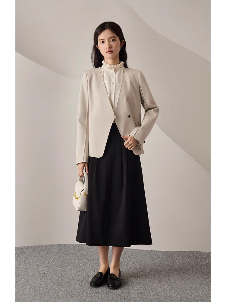 ZIQIAO Commuter Style High-end Collarless Suit Jacket for Women Autumn New Design Casual Temperament Loose Blazers Coat Female