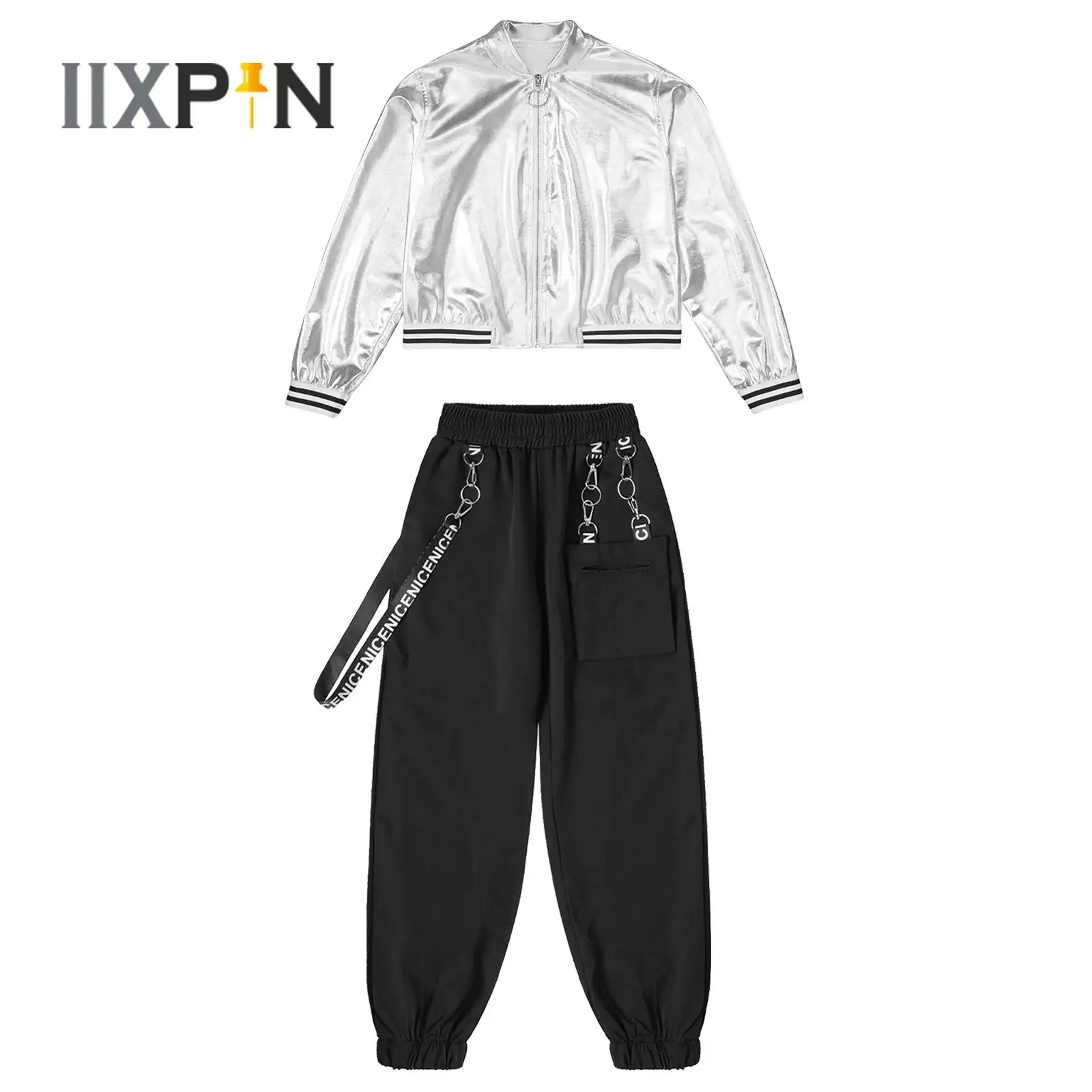 

Kids Hip Hop Jazz Costumes Fashion Girls Metallic Long Sleeve Jacket Outwear with Sweatpants for Dance Performance Street Wear