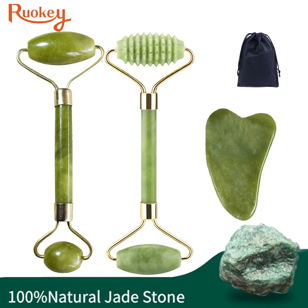 Natural Jade Roller Guasha Skin Scraper Facial Set Facial Stone Firming