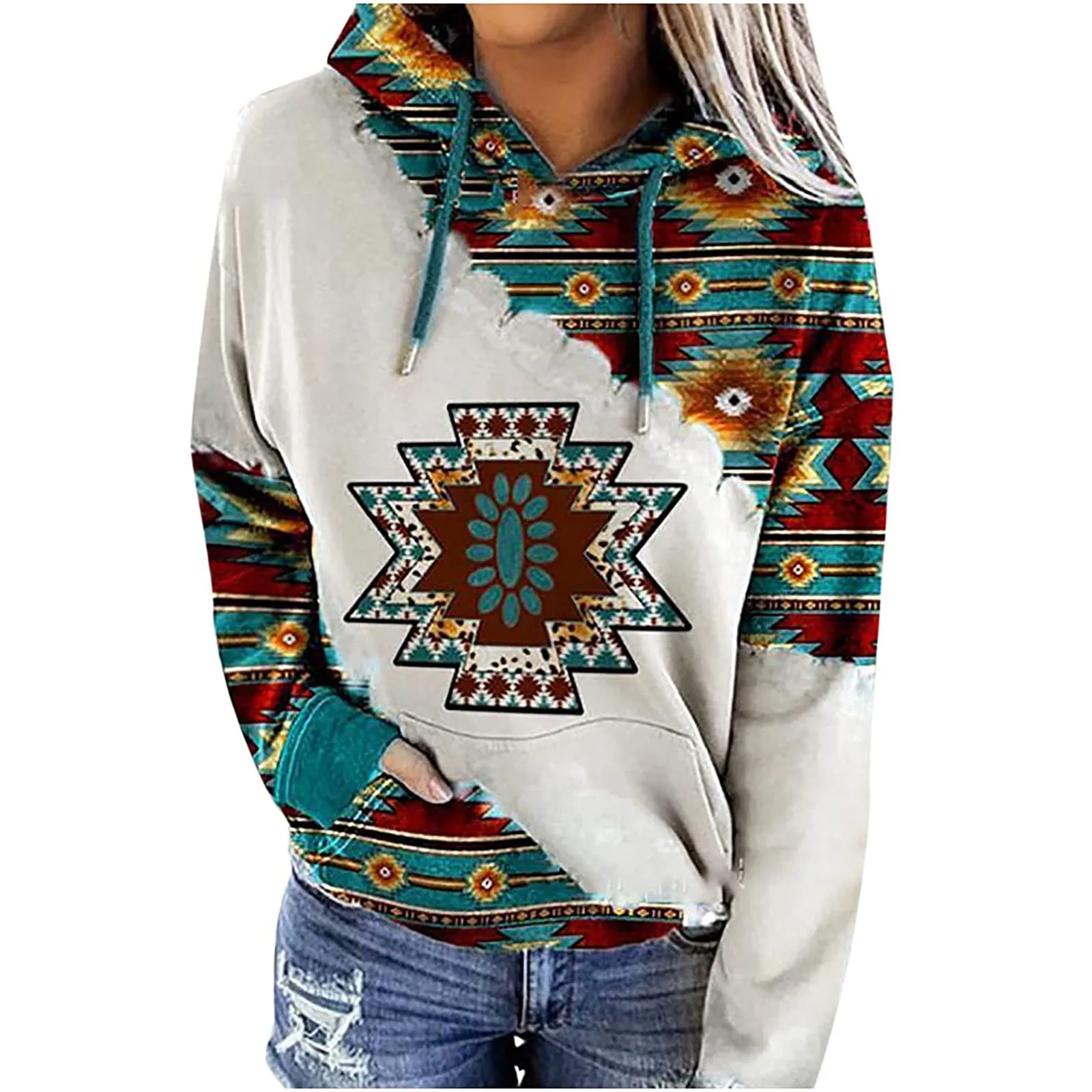 Womens Casual Geometric Horse Print Long Sleeve Drawstring Pullover Tops, Ethnic Style Hooded Sweatshirt 6