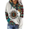 Womens Casual Geometric Horse Print Long Sleeve Drawstring Pullover Tops, Ethnic Style Hooded Sweatshirt 6
