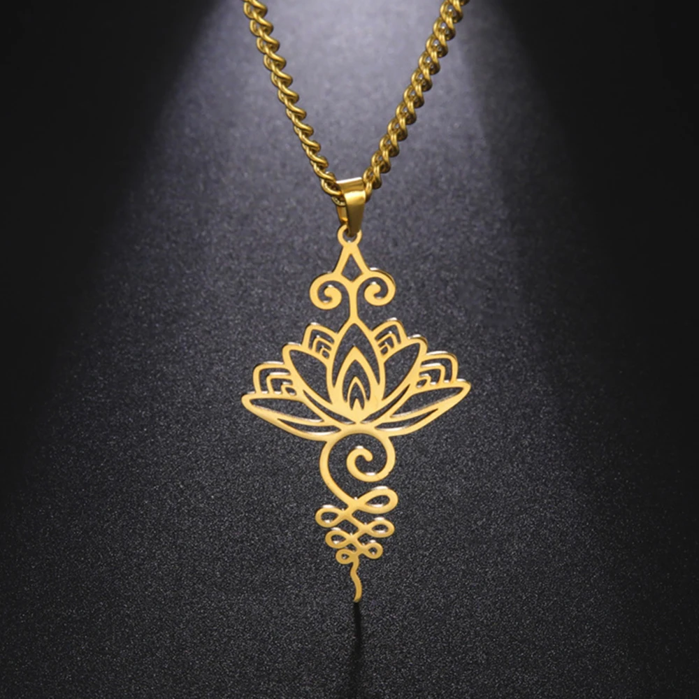 My Shape Lotus Flower Pendants Necklaces Women Stainless Steel Unalome Pagoda Charms Chain Necklace Yoga Amulet Jewelry Gifts