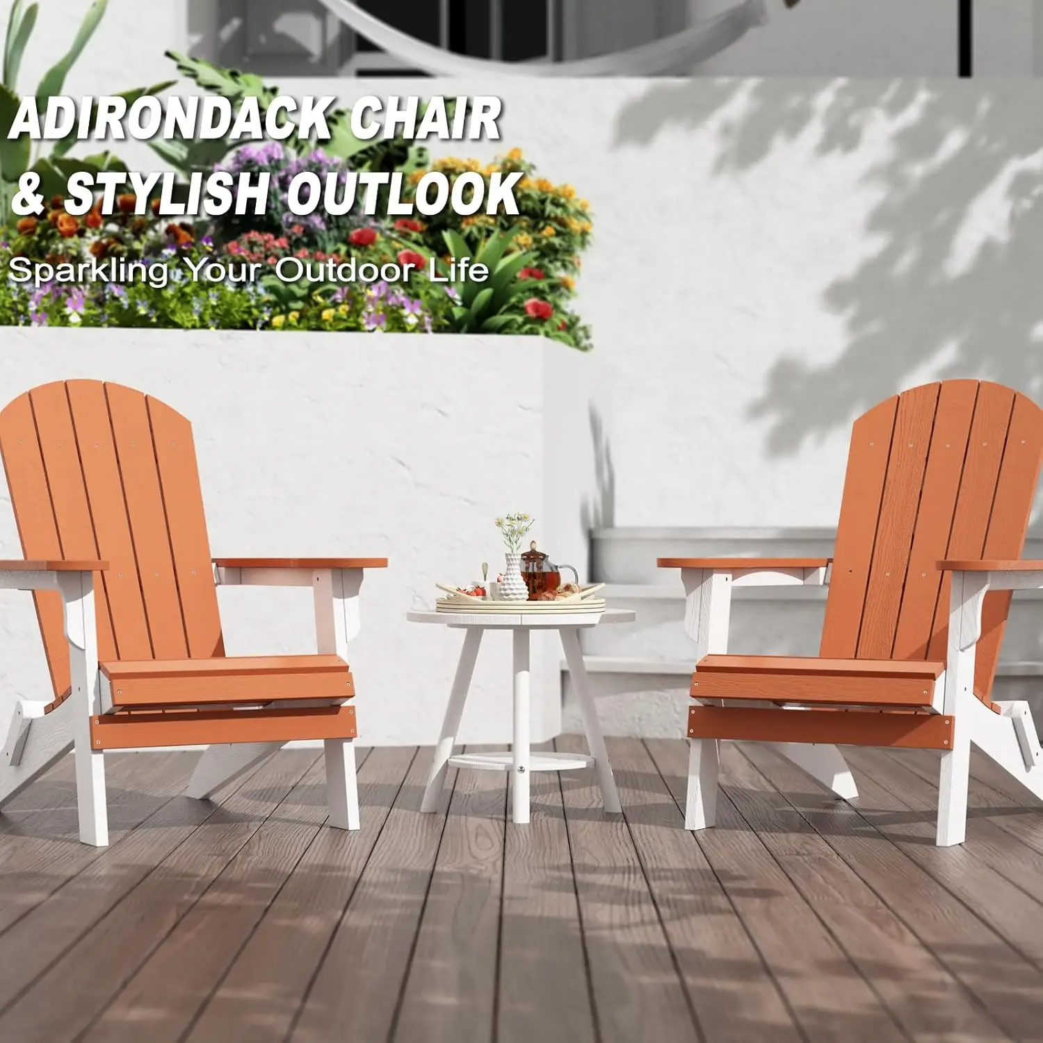 Foldable Adirondack Chair. Weather Resistant. Fire Pit Chair. Durable Plastic. White & Orange. For Patio, Garden.