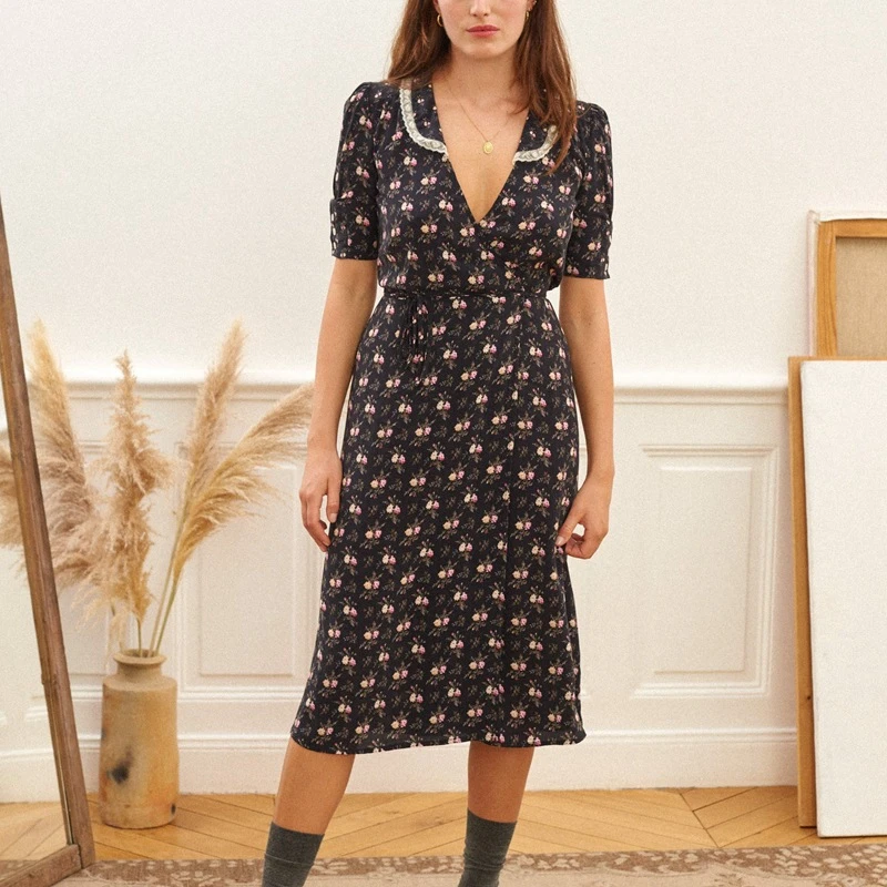 

French Sexy Lace Lace Floral Print Midi Dress Women Summer Fashion V Neck Tie Wrap One Piece Black Dress Elegant Robe
